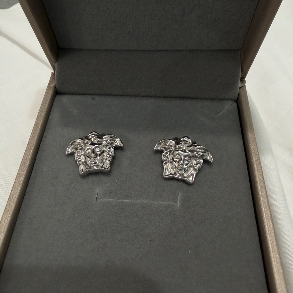 Silver Medusa Head Stud Earrings - Versace Style